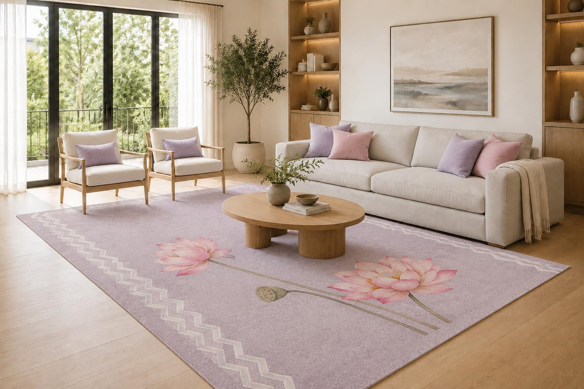 ICE ARMOR Large 6'7" x 9'10" Lavender and Pink Lotus Blossom Area Rug for Living Room, Soft Low Pile Carpet with Non-Slip Silicone Backing, Decor for Bedroom and Home Office
