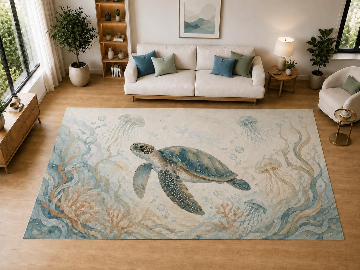 ICE ARMOR "Ultra Light Weight Large 6'7" x 9'10" Sea Turtle, Living Room, Bedroom, Dining Room, Office, Family Room, Soft Low Pile Indoor Rug, Non-Slip Silicone Backing, Blue