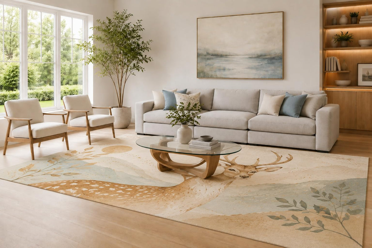 ICE ARMOR Large 6'7" x 9'10" Beige and Cream Deer Nature Area Rug for Living Room, Soft Low Pile Carpet with Non-Slip Silicone Backing, Rustic Wildlife Decor for Bedroom Home Office