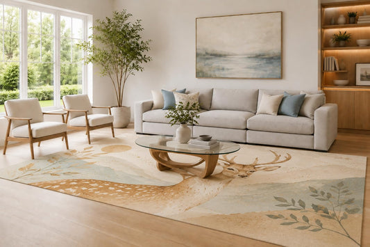 ICE ARMOR Large 6'7" x 9'10" Beige and Cream Deer Nature Area Rug for Living Room, Soft Low Pile Carpet with Non-Slip Silicone Backing, Rustic Wildlife Decor for Bedroom Home Office