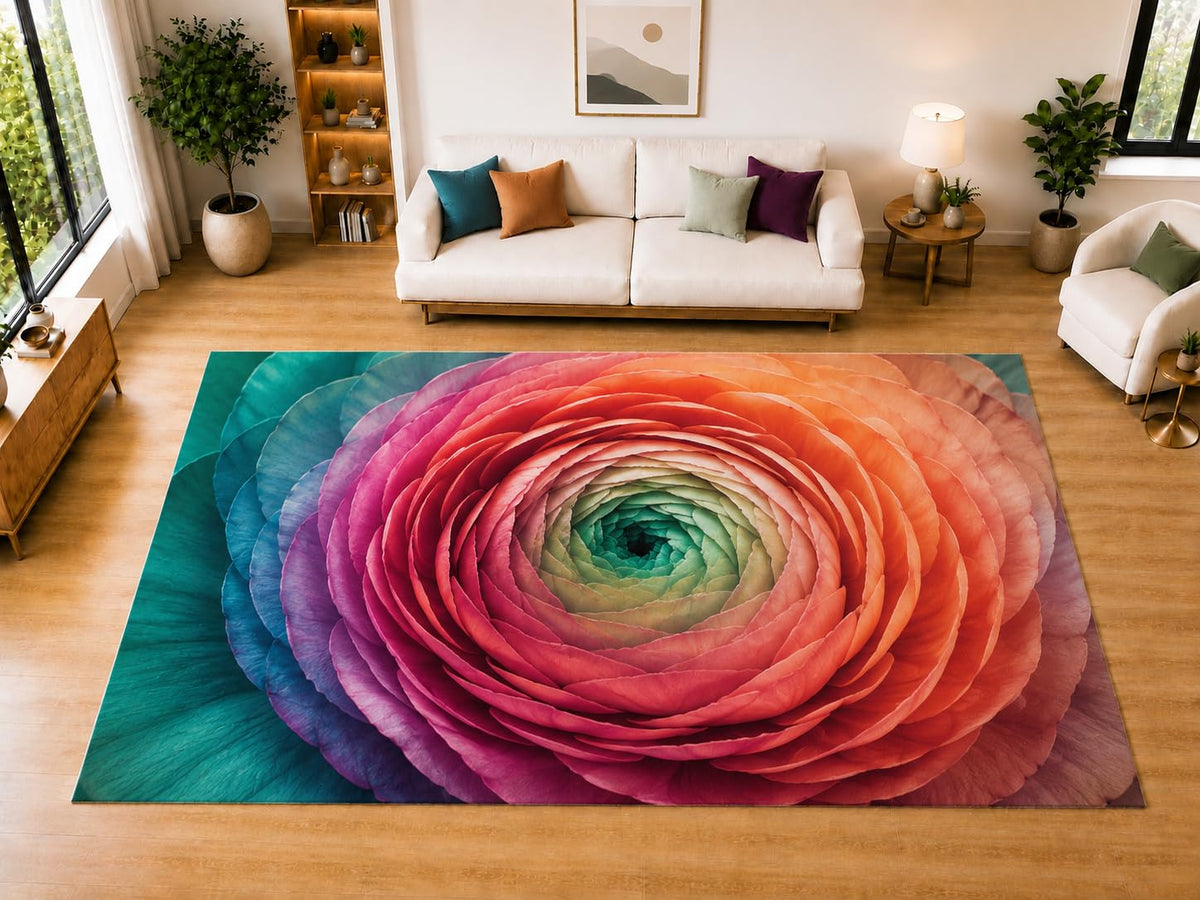 ICE ARMOR "Ultra Light Weight Large 6'7" x 9'10" Ranunculus Bloom Area Rug for Living Room Bedroom Dining Room, Soft Low Pile Non-Slip Backing, Coral Pink Teal Purple Floral Decor
