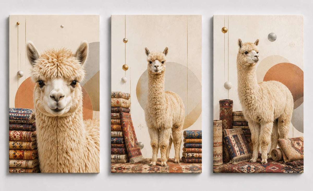 ICE ARMOR Extra-Large Set of 3 Alpaca Wall Art Boho Rug Canvas Prints Neutral Farm Animal Decor for Living Room Bedroom Nursery Southwestern Style 24x36 Inch Canvas Print - Ready to hang