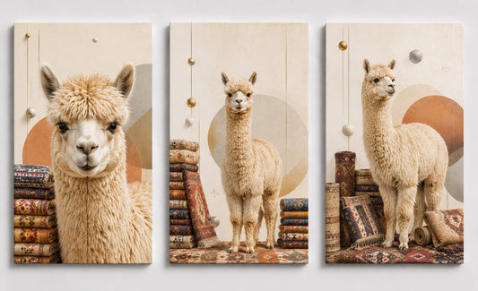 ICE ARMOR Extra-Large Set of 3 Alpaca Wall Art Boho Rug Canvas Prints Neutral Farm Animal Decor for Living Room Bedroom Nursery Southwestern Style 24x36 Inch Canvas Print - Ready to hang