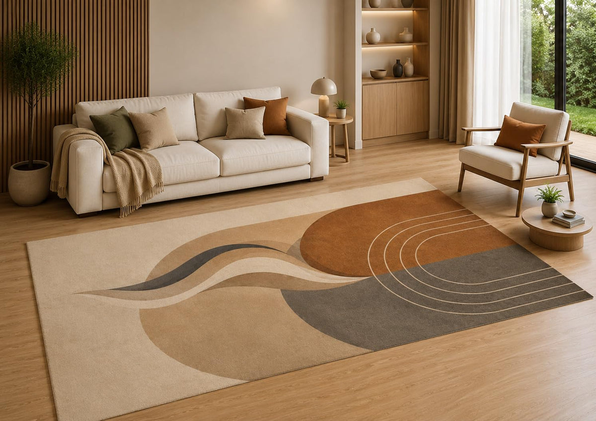 ICE ARMOR 5' x 7' Modern Abstract Area Rug with Non-Slip Silicone Backing Low Pile Soft Carpet for Living Room Bedroom Office Beige Brown Geometric Wave Decor