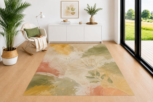 ICE ARMOR 5' x 7' Botanical Leaf Area Rug, Sage Green Mustard Peach and Cream Nature Inspired Artwork, Soft Low Pile Carpet for Living Room Bedroom Office Decor
