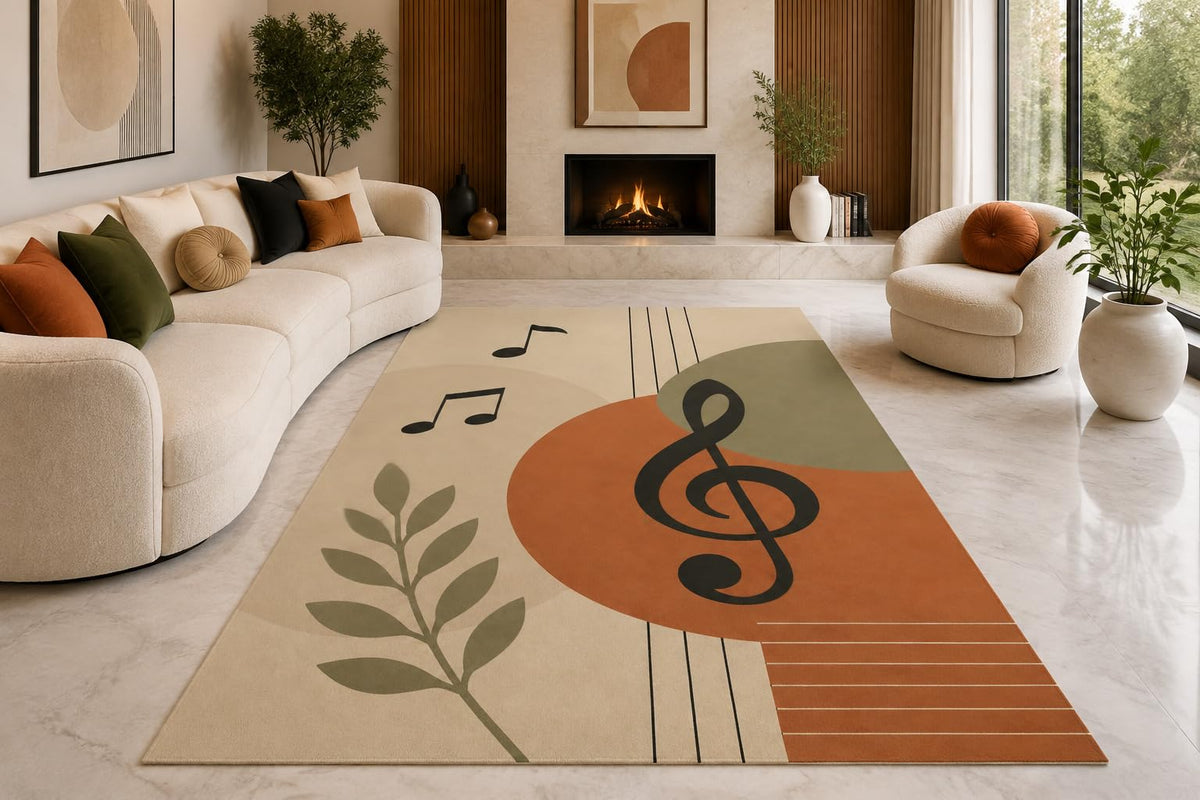 ICE ARMOR "Ultra Lightweight Large 6'7" x 9'10" Treble Clef Area Rug for Living Room, Bedroom and Home Office, Soft Low Pile Carpet with Non-Slip Silicone Backing, Terracotta and Sage