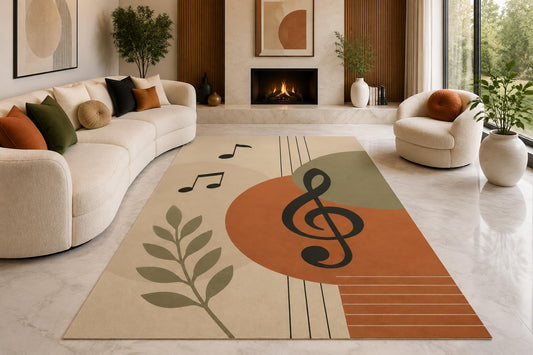 ICE ARMOR "Ultra Lightweight Large 6'7" x 9'10" Treble Clef Area Rug for Living Room, Bedroom and Home Office, Soft Low Pile Carpet with Non-Slip Silicone Backing, Terracotta and Sage