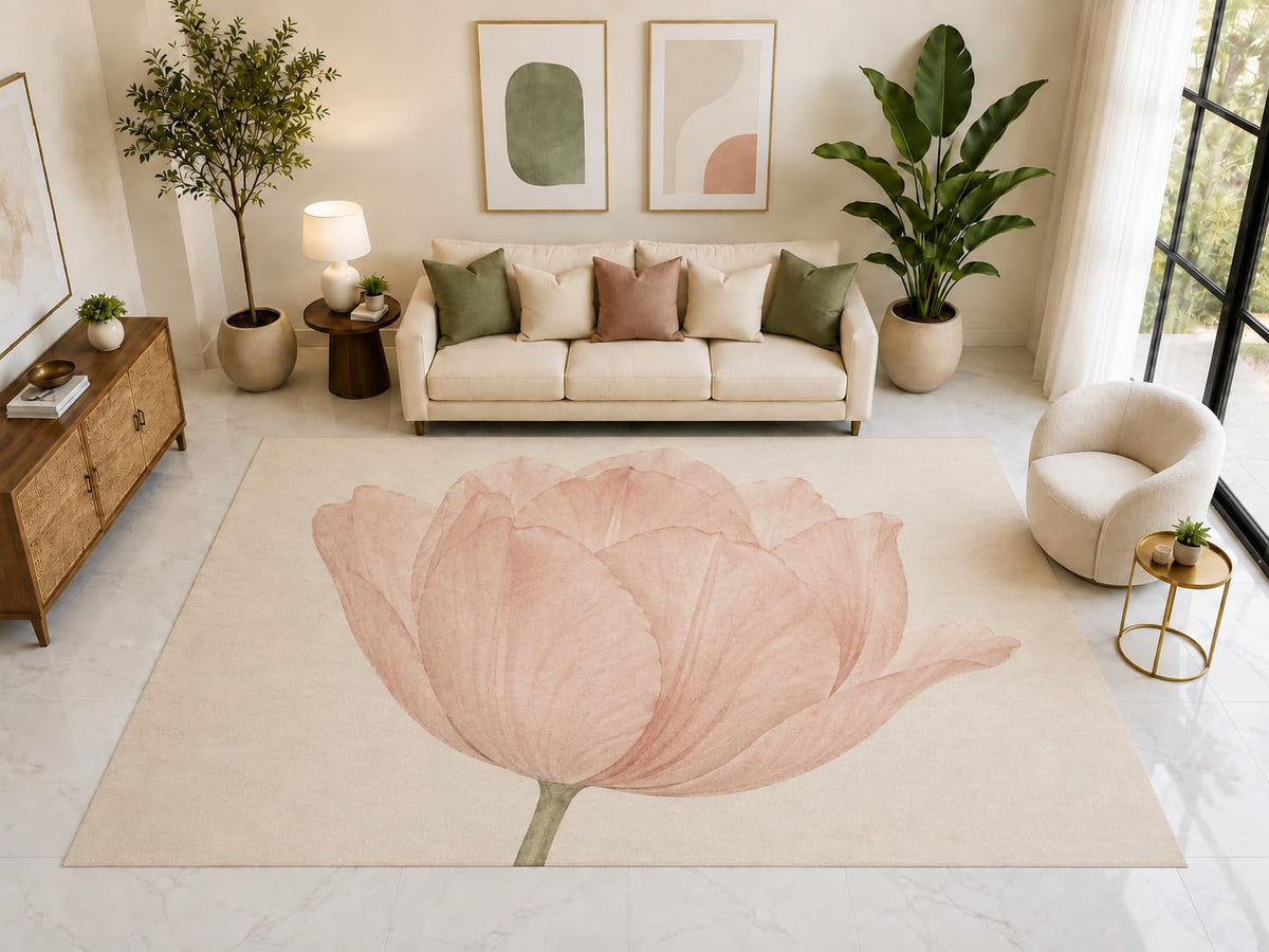 ICE ARMOR "Ultra Light Weight Large 6'7" x 9'10" Large Pink Tulip Rug, Soft Low Pile Indoor Rug, Non-Slip Silicone Backing for Living Room Pink