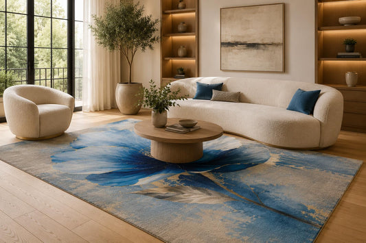 ICE ARMOR 6'7" x 9'10" Blue and Beige Watercolor Flower Area Rug for Living Room, Soft Low Pile Carpet with Non-Slip Silicone Backing, Floor Decor for Bedroom, Dining Area and Home Office