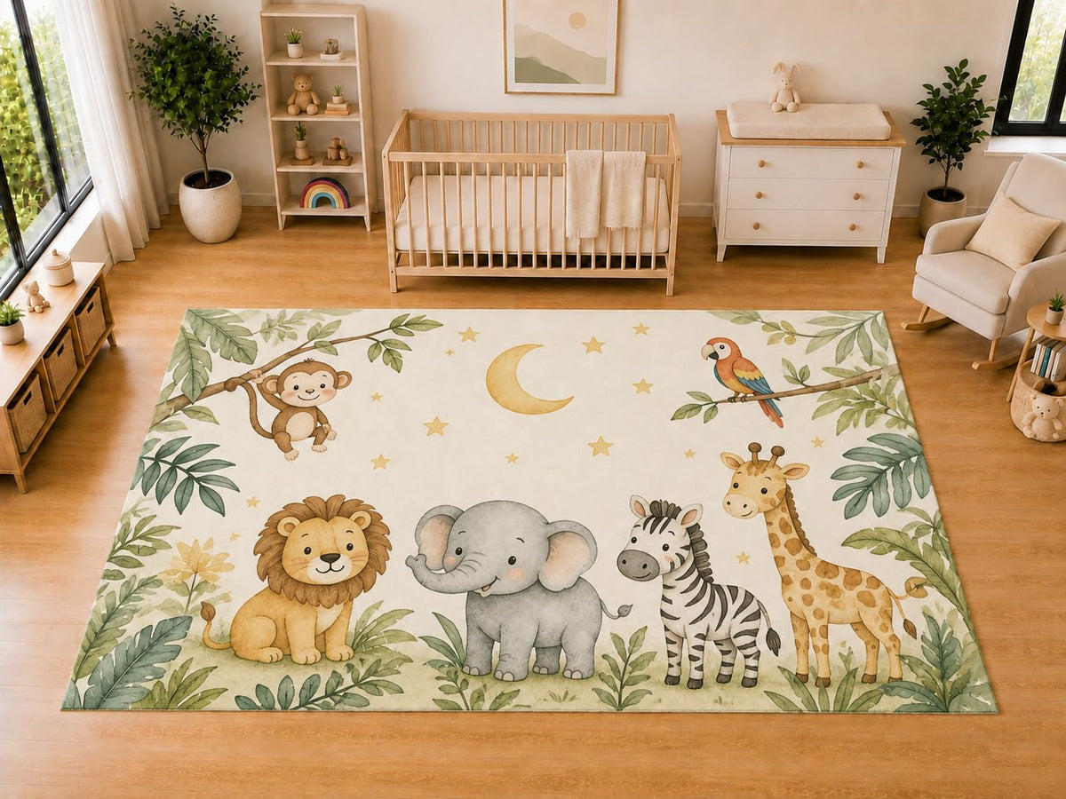 ICE ARMOR "Ultra Light Weight Large 6'7 x 9'10 Moonlight Safari Animals Area Rug for Kids Room Nursery Playroom Soft Low Pile Indoor Carpet Cute Jungle Floor Decor