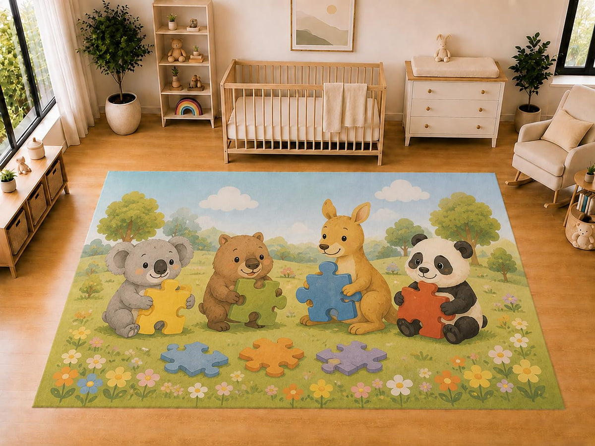 ICE ARMOR "Ultra Light Weight Large 6'7 x 9'10 Animal Puzzle Play Area Rug for Kids Room Nursery Playroom Soft Low Pile Indoor Carpet Learning Activity Floor Decor