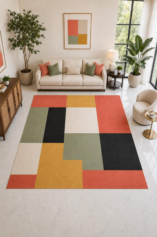 ICE ARMOR "Ultra Light Weight Large 6'7" x 9'10" Abstract Block Rug, Soft Low Pile Indoor Rug, Non-Slip Silicone Backing for Living Room Multicolor