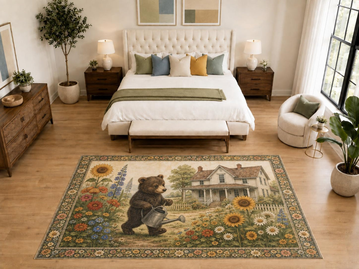 ICE ARMOR "Ultra Light Weight Large 6'7" x 9'10" Bear Cub Watering Area Rug, Soft Low Pile Indoor Rug, Non-Slip Silicone Backing, Kids Room, Beige