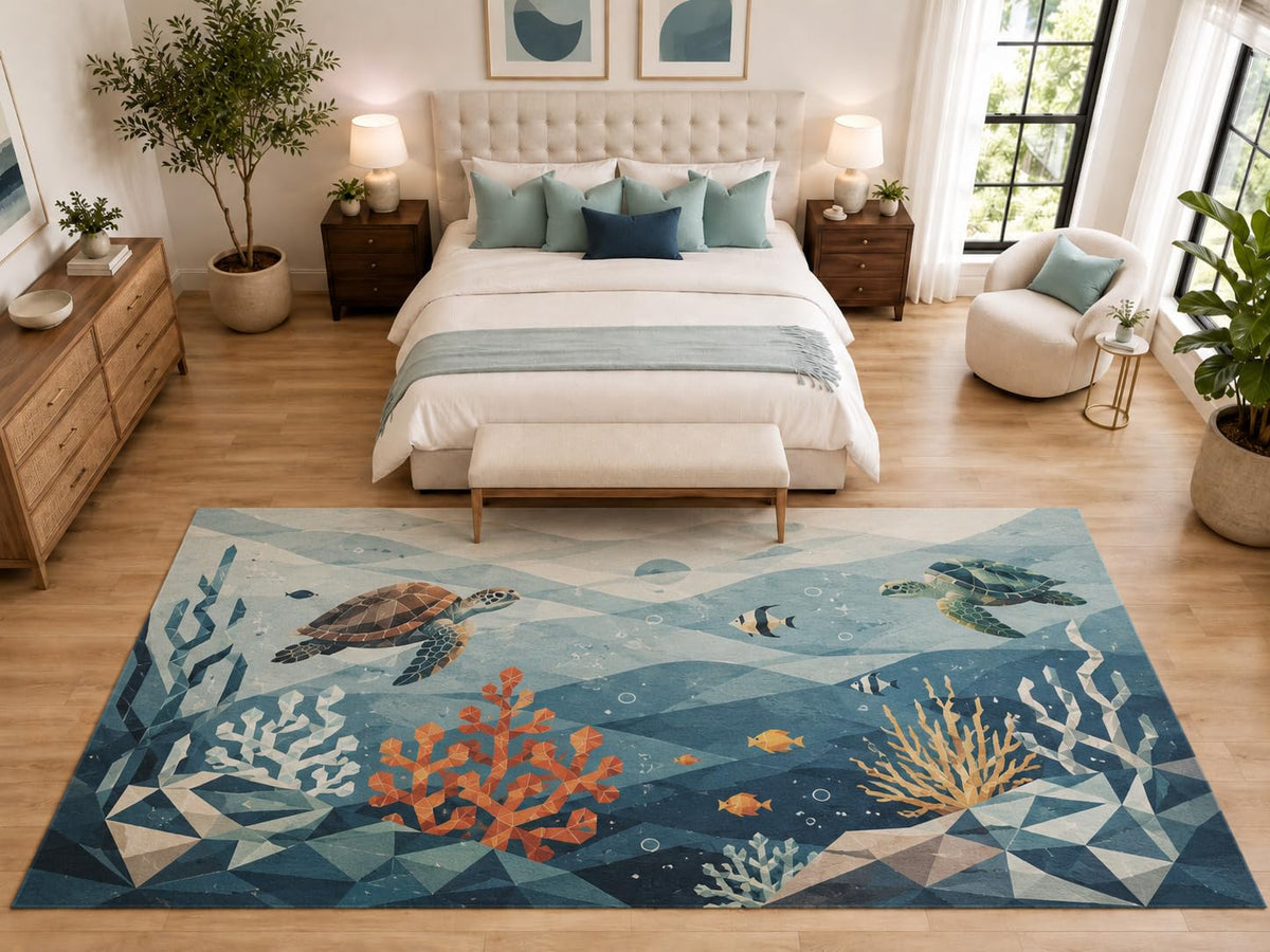 ICE ARMOR "Ultra Light Weight Large 6'7" x 9'10" Geometric Turtle Rug for Bedroom, Soft Low Pile Indoor Rug and Non-Slip Silicone Backing, Blue Gray