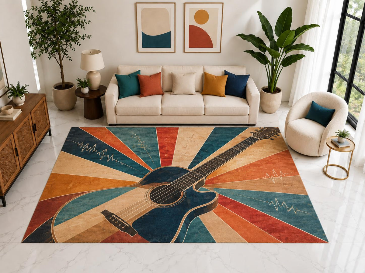 ICE ARMOR "Ultra Light Weight Large 6'7" x 9'10" Acoustic Guitar Sunburst Rug, Soft Low Pile Indoor Rug, Non-Slip Silicone Backing for Bedroom Orange