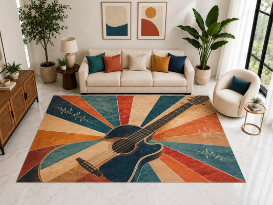 ICE ARMOR "Ultra Light Weight Large 6'7" x 9'10" Acoustic Guitar Sunburst Rug, Soft Low Pile Indoor Rug, Non-Slip Silicone Backing for Bedroom Orange