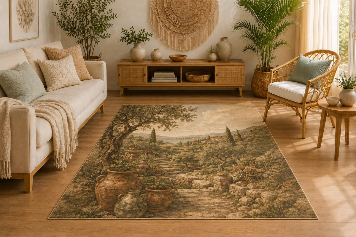 ICE ARMOR 5' x 7' Tuscan Countryside Area Rug, Rustic Olive Garden Landscape, Soft Low Pile Rug with Non-Slip Silicone Backing for Living Room, Dining Room, Bedroom