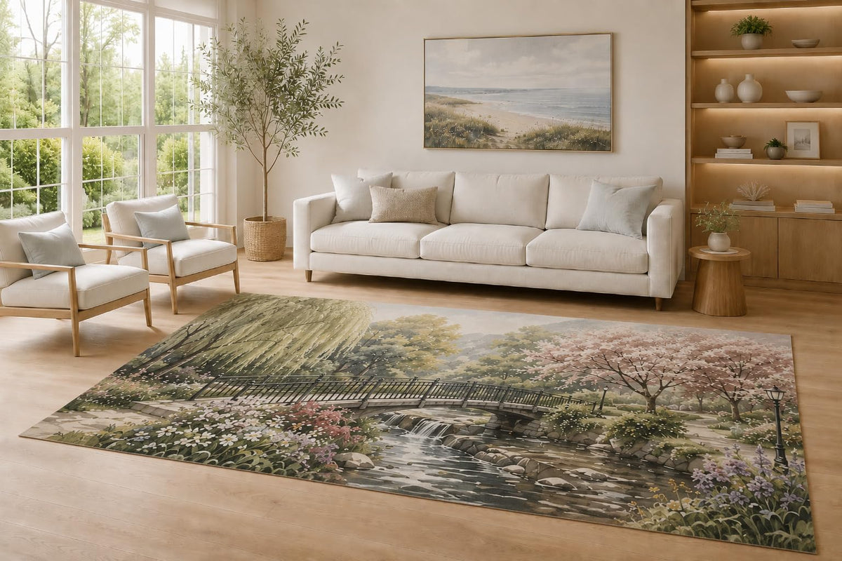 ICE ARMOR Large 6'7" x 9'10" Sage Green and Blush Garden Crossing Area Rug for Living Room, Soft Low Pile Carpet with Non-Slip Silicone Backing, Decor for Bedroom and Home Office