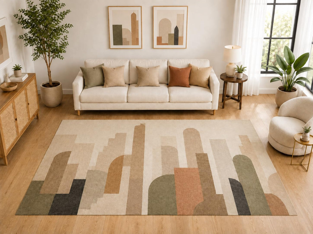 ICE ARMOR "Ultra Light Weight Large 6'7" x 9'10" Abstract Cityscape Area Rug, Soft Low Pile Indoor Rug and Non-Slip Silicone Backing for Living Room Office, Beige