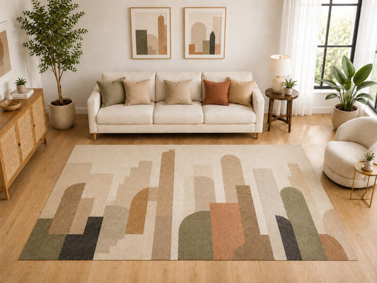 ICE ARMOR "Ultra Light Weight Large 6'7" x 9'10" Abstract Cityscape Area Rug, Soft Low Pile Indoor Rug and Non-Slip Silicone Backing for Living Room Office, Beige