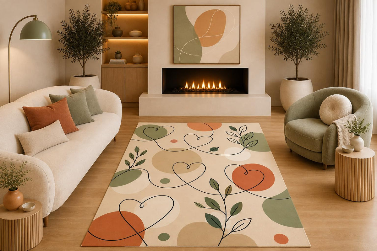 ICE ARMOR 5' x 7' Mid Century Modern Area Rug Abstract Heart Botanical Line Art Cream Sage Orange Beige for Living Room Bedroom Nursery Non-Slip Silicone Backing Low Pile