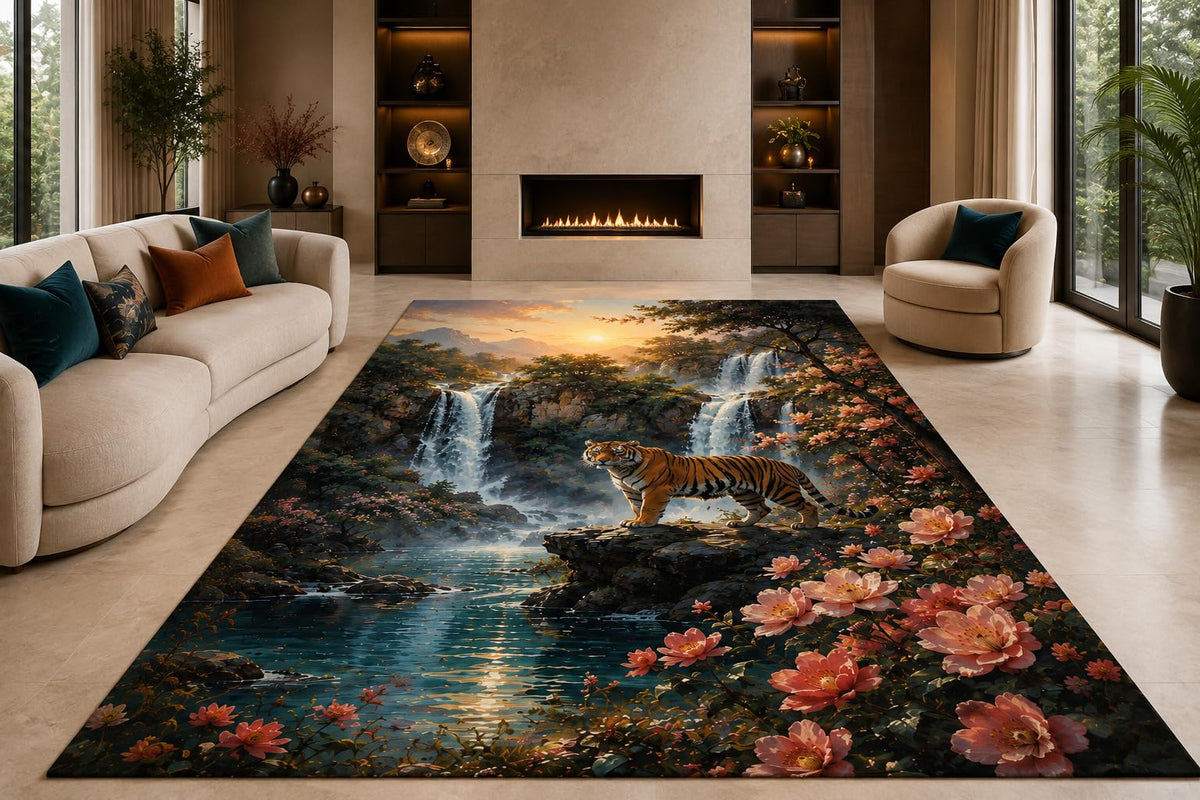 ICE ARMOR "Ultra Lightweight Large 6'7" x 9'10" Tiger Waterfall Area Rug for Living Room, Bedroom and Home Office, Soft Low Pile Carpet with Non-Slip Silicone Backing, Orange and Teal