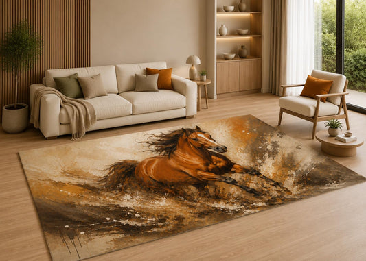 ICE ARMOR 5' x 7' Galloping Horse Area Rug with Non-Slip Silicone Backing Low Pile Soft Carpet for Living Room Bedroom Rustic Western Animal Art Decor