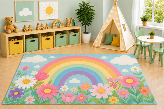ICE ARMOR 5' x 7' Pastel Rainbow Floral Area Rug, Watercolor Wildflower Garden Meadow Kids Playroom Nursery Bedroom Decorative Rug, Non-Slip Silicone Backing Low Pile
