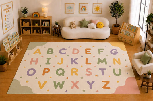 ICE ARMOR Large 6'7" x 9'10" Alphabet ABC Learning Area Rug for for Kids Room, Classroom, Bedroom, Playroom Decor, Soft Low Pile Indoor Rug with Non-Slip Silicone Backing, Cream Multicolor