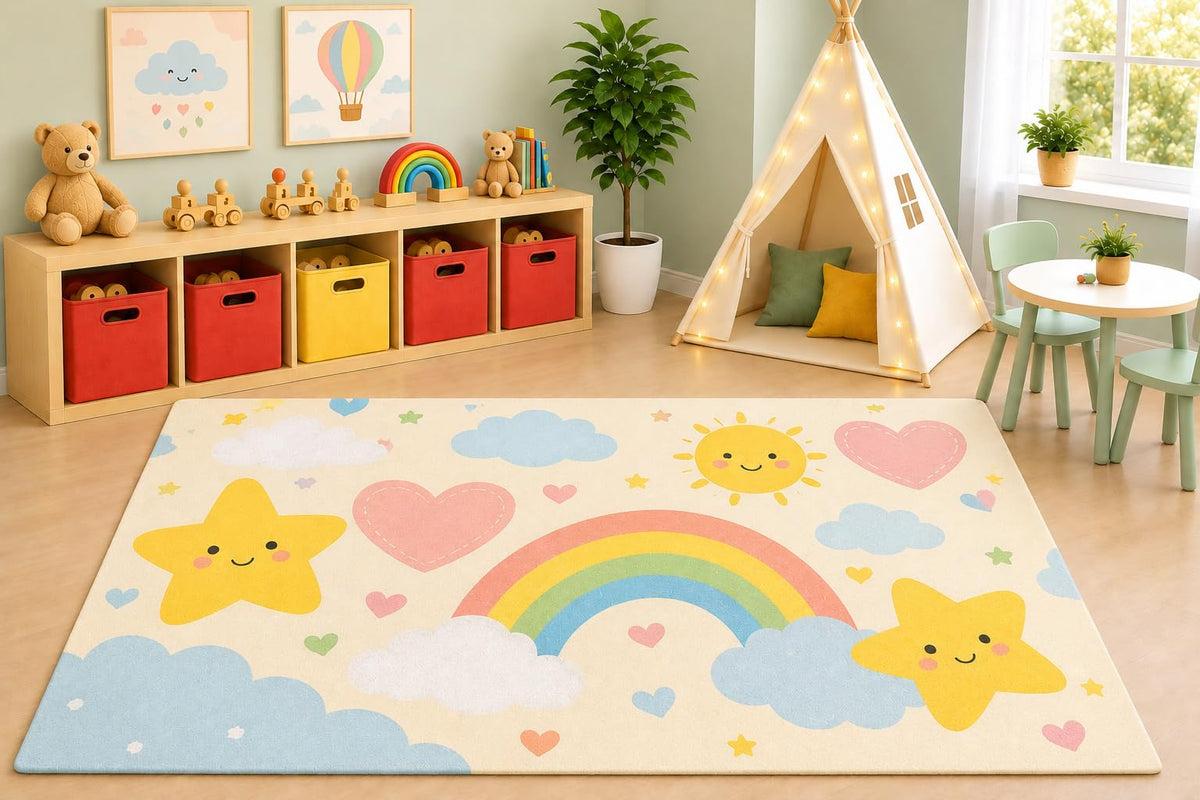 ICE ARMOR 5' x 7' Rainbow Sky Area Rug, Cute Kawaii Stars Hearts Clouds Nursery Play Mat for Baby Room Kids Bedroom Playroom Decor, Non-Slip Silicone Backing Low Pile