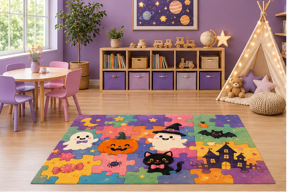 ICE ARMOR 5' x 7' Halloween Puzzle Ghost Pumpkin Kids Area Rug, Cute Black Cat Haunted House Cartoon Playroom Nursery Bedroom Decor, Non-Slip Silicone Backing Low Pile