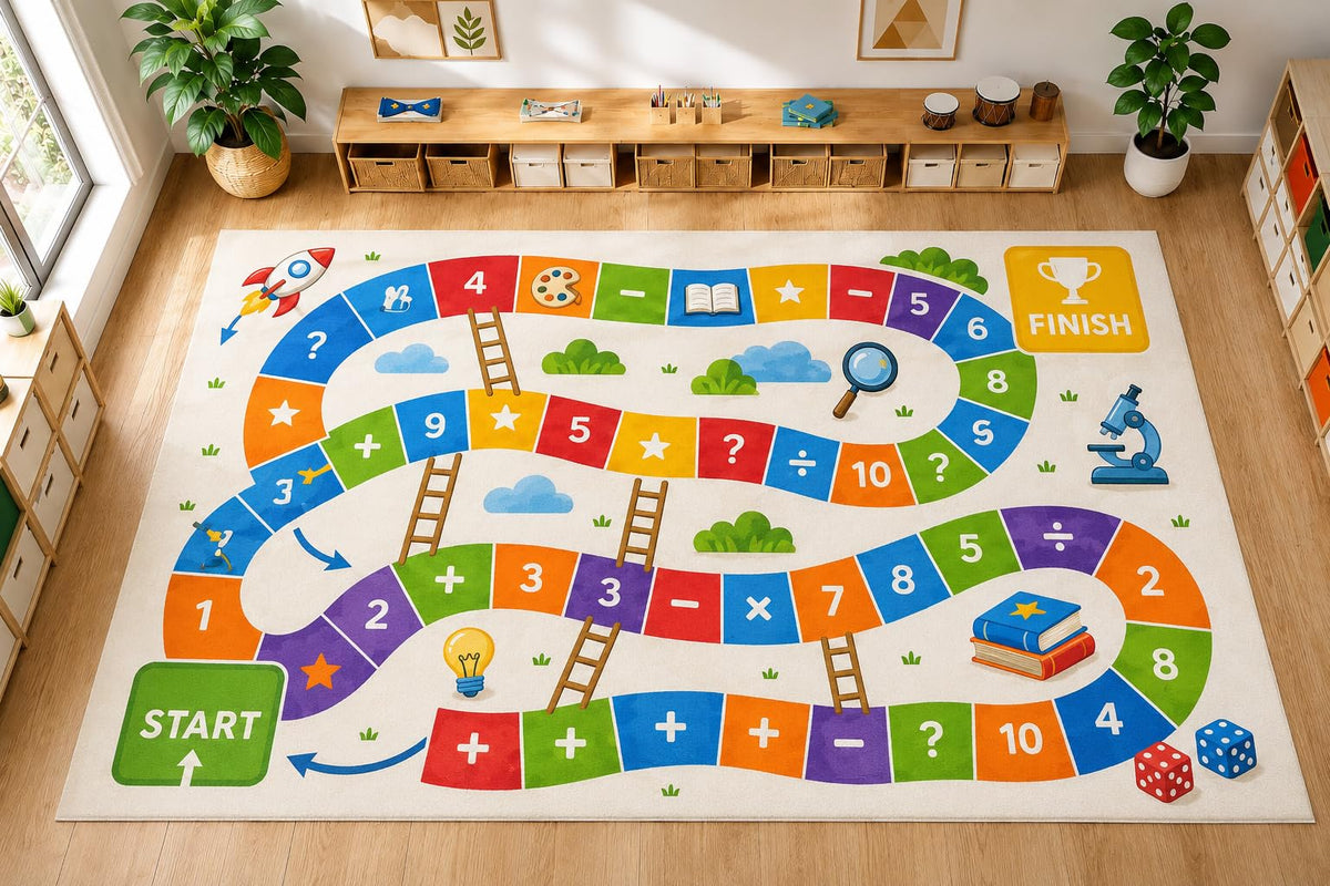 ICE ARMOR Large 6'7" x 9'10" Educational Math Game Area Rug, Soft Low Pile Indoor Rug with Non-Slip Silicone Backing for Kids Room Playroom, Ivory