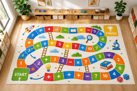 ICE ARMOR Large 6'7" x 9'10" Educational Math Game Area Rug, Soft Low Pile Indoor Rug with Non-Slip Silicone Backing for Kids Room Playroom, Ivory