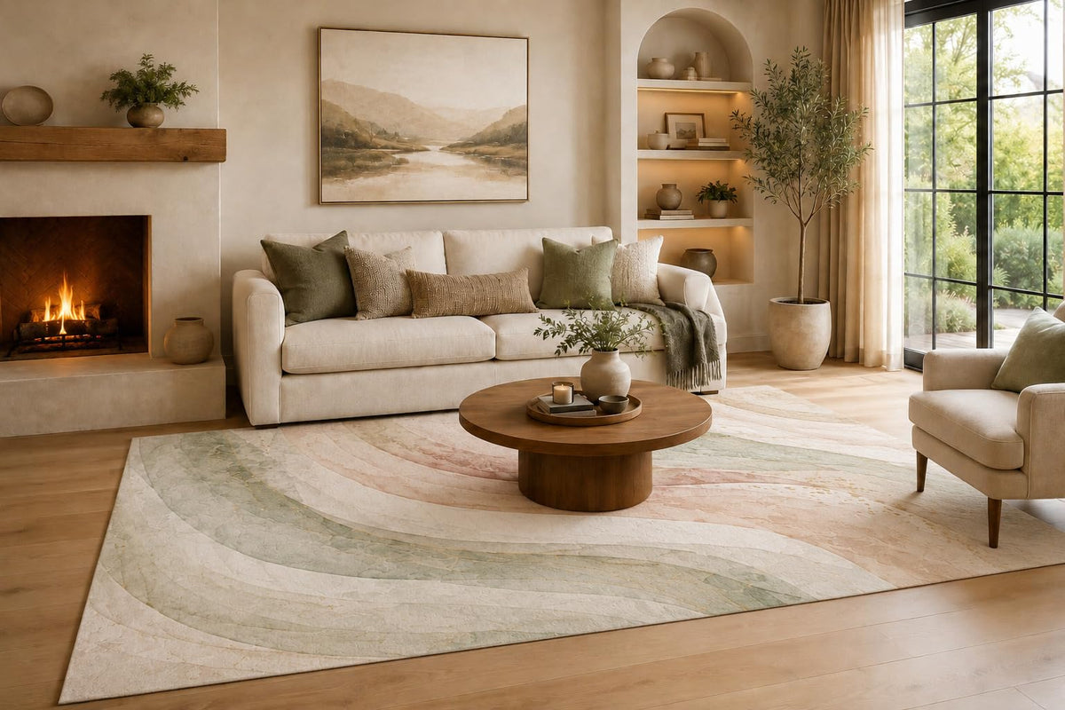 ICE ARMOR Large 6'7" x 9'10" Sage Green and Blush Pink Rolling Stream Bands Area Rug for Living Room, Soft Low Pile Carpet with Non-Slip Silicone Backing, Decor for Bedroom and Home Office