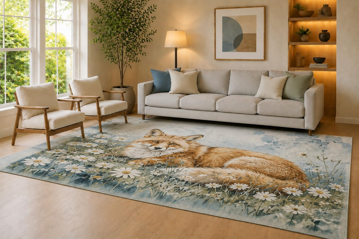 ICE ARMOR Large 6'7" x 9'10" Blue and Cream Floral Fox Area Rug for Living Room, Soft Low Pile Carpet with Non-Slip Silicone Backing, Decor for Bedroom Dining Room and Home Office