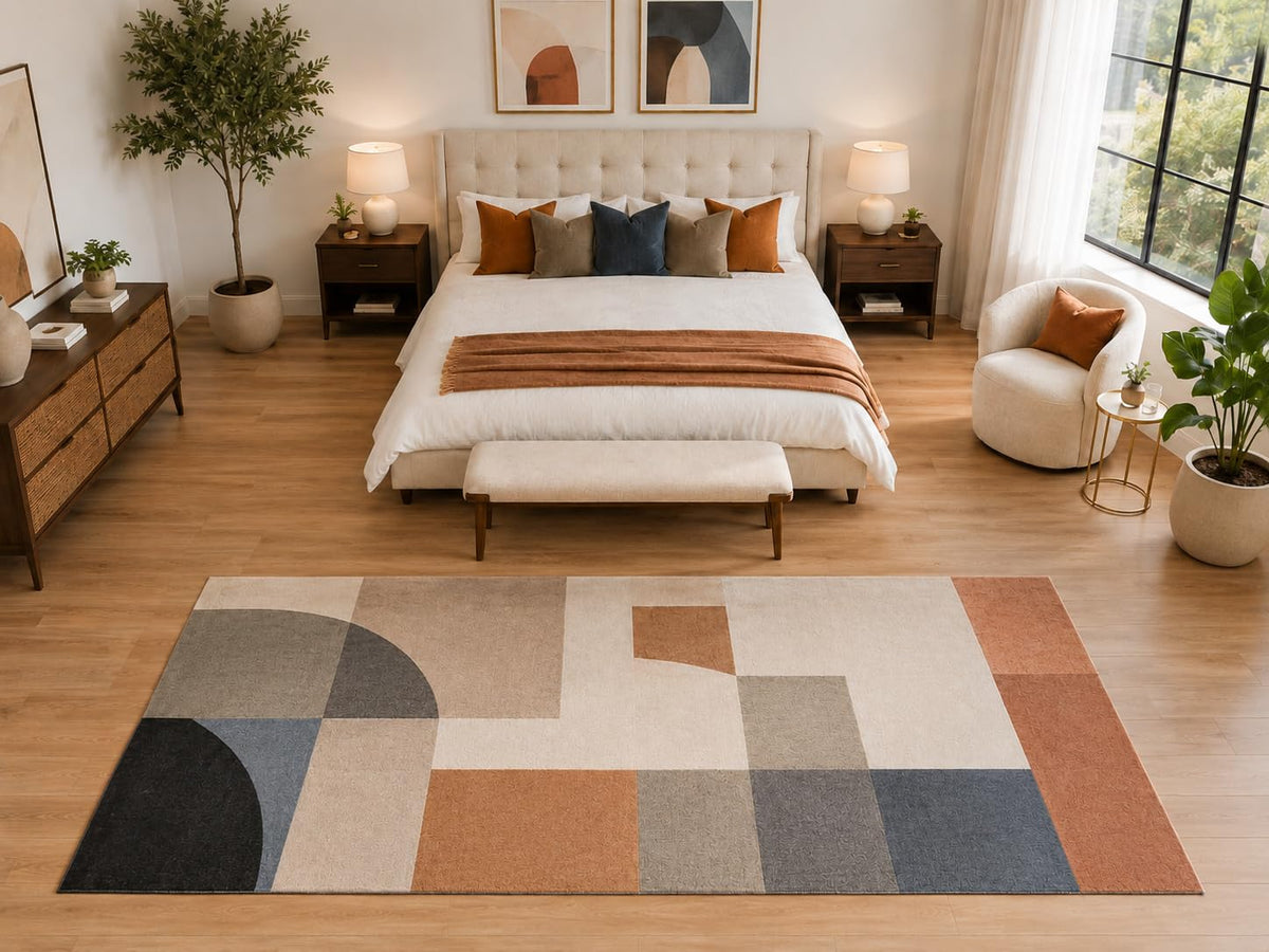 ICE ARMOR "Ultra Light Weight Large 6'7" x 9'10" Modern Block Geometric Rug, Soft Low Pile Indoor Rug, Non-Slip Silicone Backing for Bedroom Beige
