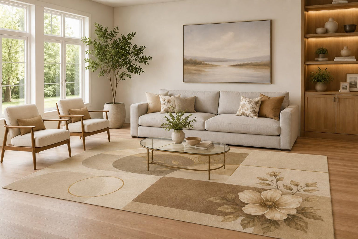 ICE ARMOR Large 6'7" x 9'10" Beige and Brown Floral Blocks Area Rug for Living Room, Soft Low Pile Carpet with Non-Slip Silicone Backing, Decor for Bedroom and Home Office