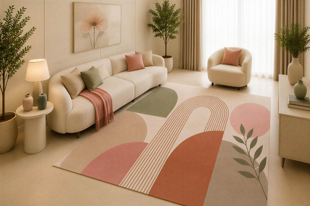 ICE ARMOR 5' x 7' Mid Century Modern Area Rug, Pink Terracotta Sage Arch Design for Living Room Bedroom Office, Non-Slip Silicone Backing, Low Pile Carpet