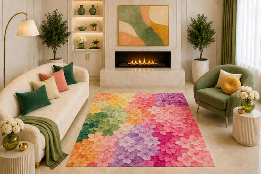 ICE ARMOR "Ultra Light Weight 5' x 7' Colorful Hydrangea Area Rug Rainbow Floral Botanical Art Pink Purple Green Orange for Living Room Bedroom Nursery Non-Slip Silicone Backing Low Pile