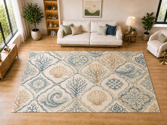 ICE ARMOR "Ultra Light Weight Large 6'7" x 9'10" Coastal Seashell Area Rug for Dining, Living Room, Bedroom, Soft Low Pile Indoor Rug with Non-Slip Silicone Backing, Blue Beige