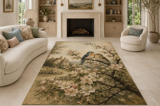 ICE ARMOR "Ultra Lightweight Large 6'7" x 9'10" Cottage Blossom Birds Area Rug for Living Room, Bedroom and Home Office, Soft Low Pile Carpet with Non-Slip Silicone Backing, Blue and Beige