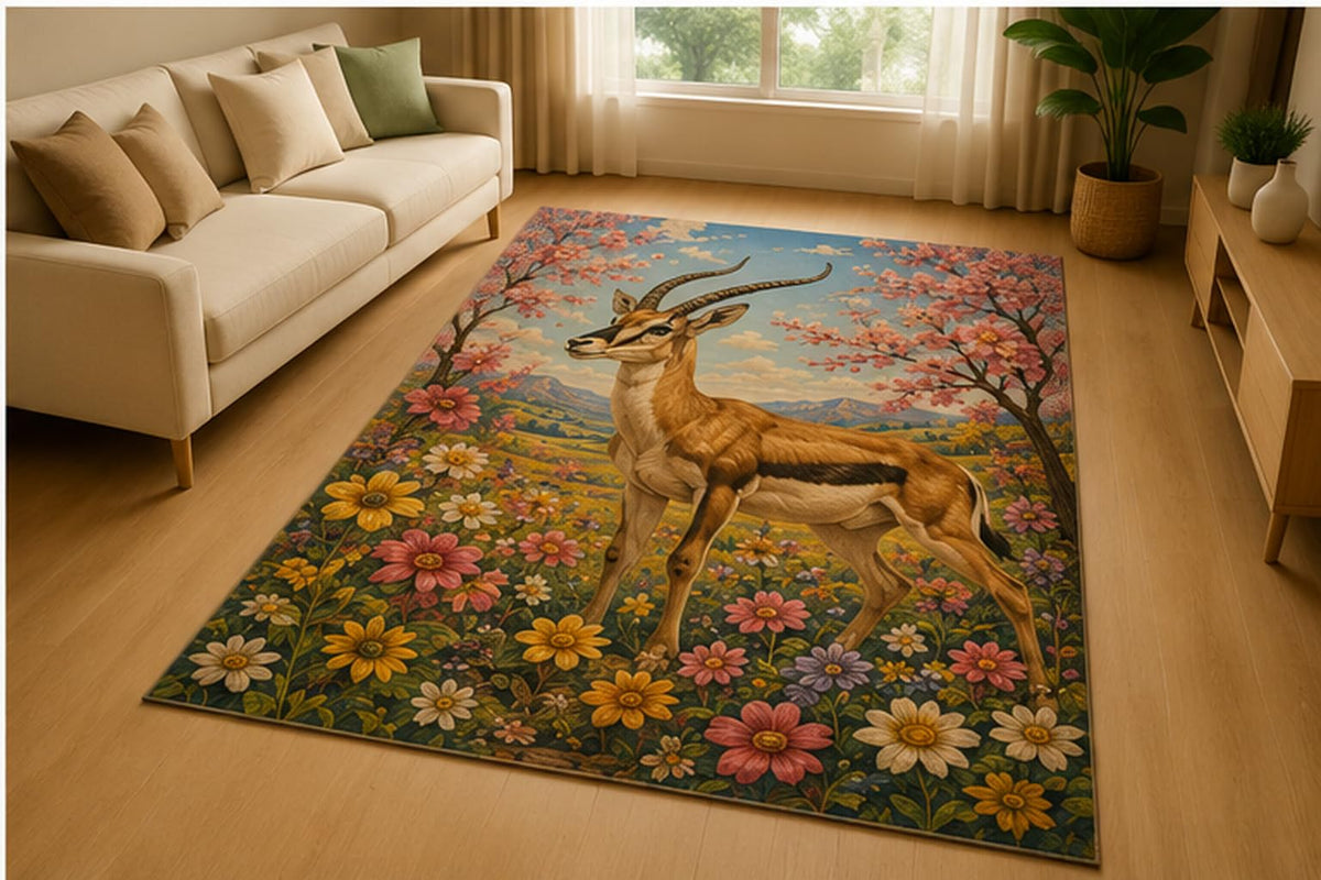 ICE ARMOR 5' x 7' Gazelle Wildflower Blossom Area Rug for Living Room, Soft Low Pile Indoor Rug with Non-Slip Silicone Backing, Nature Wildlife Decor for Bedroom, Office, Family Room, Beige