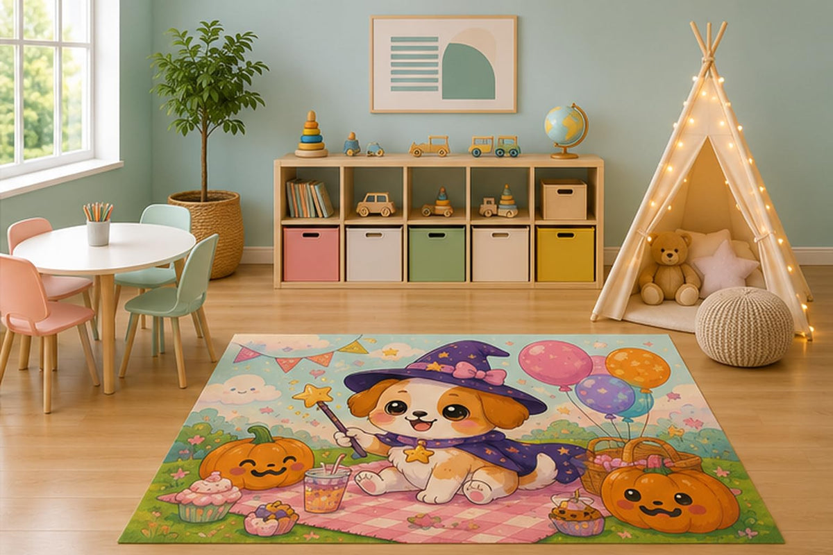 ICE ARMOR 5' x 7' Cute Halloween Puppy Kids Area Rug, Kawaii Witch Dog Pumpkin Picnic Balloons Fantasy Playroom Nursery Bedroom Decor, Non-Slip Silicone Backing Low Pile