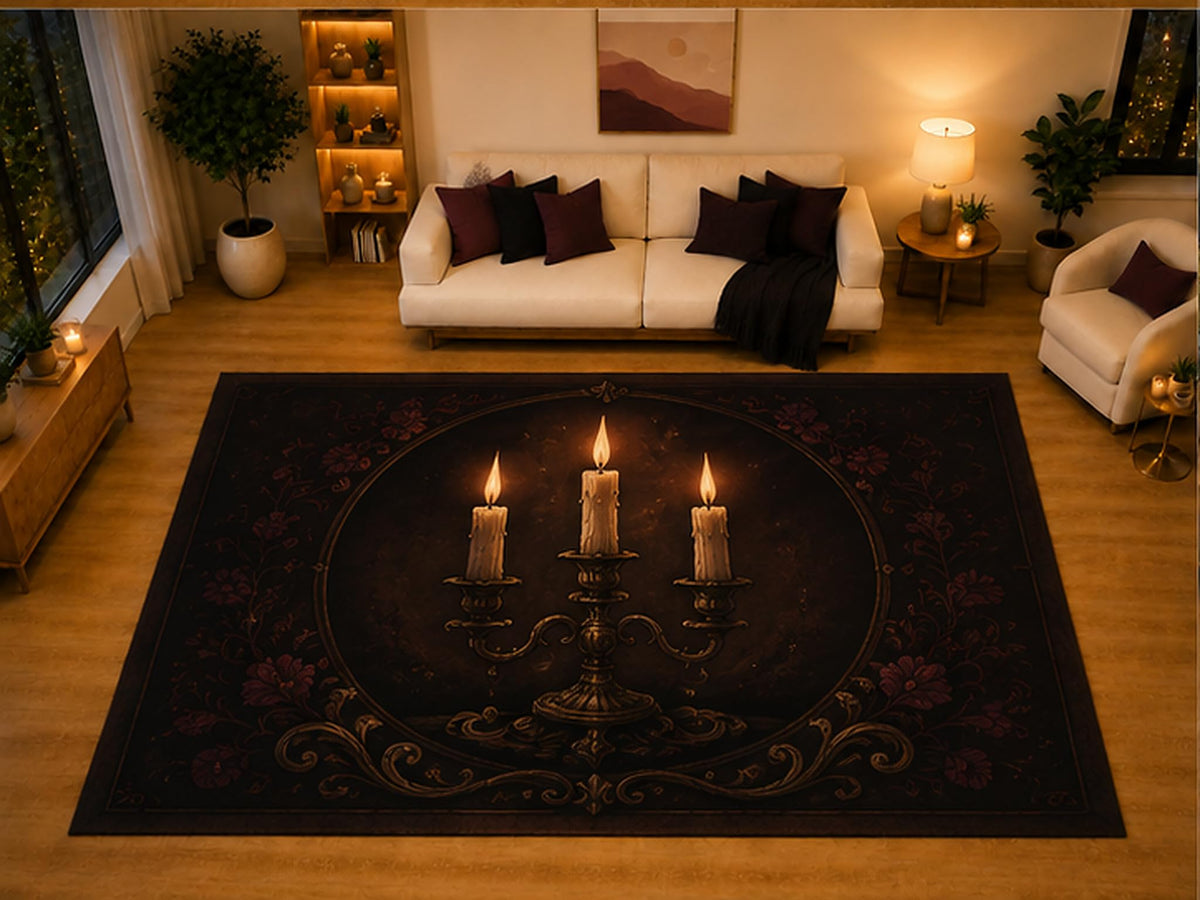 ICE ARMOR "Ultra Light Weight Large 6'7" x 9'10" Three Candle Candelabra Gothic Area Rug for Living Room Bedroom, Soft Low Pile Non-Slip Backing, Black Red Victorian Dark Academia Decor