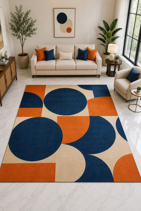 ICE ARMOR "Ultra Light Weight Large 6'7" x 9'10" Navy Orange Circle Rug, Soft Low Pile Indoor Rug, Non-Slip Silicone Backing for Living Room Navy