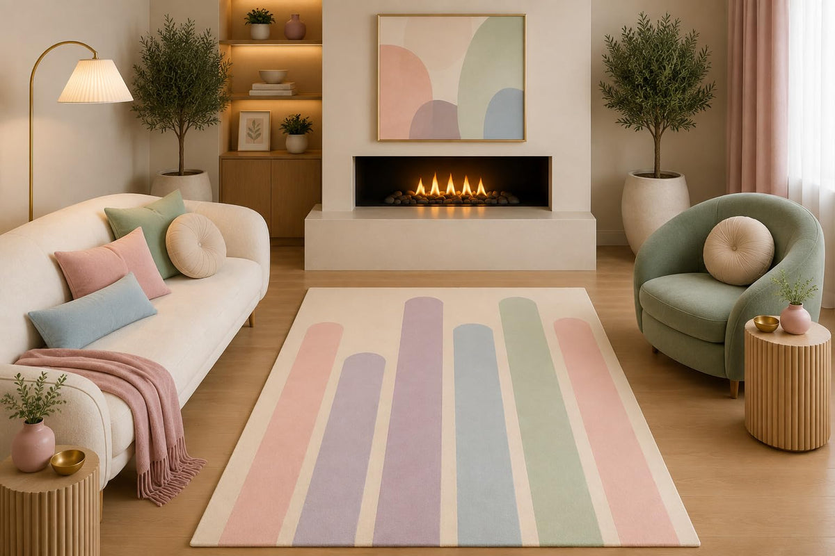 ICE ARMOR 5' x 7' Pastel Modern Area Rug Pink Lavender Sage Blue Minimalist Stripe Design for Living Room Bedroom Nursery Office Non-Slip Silicone Backing Low Pile