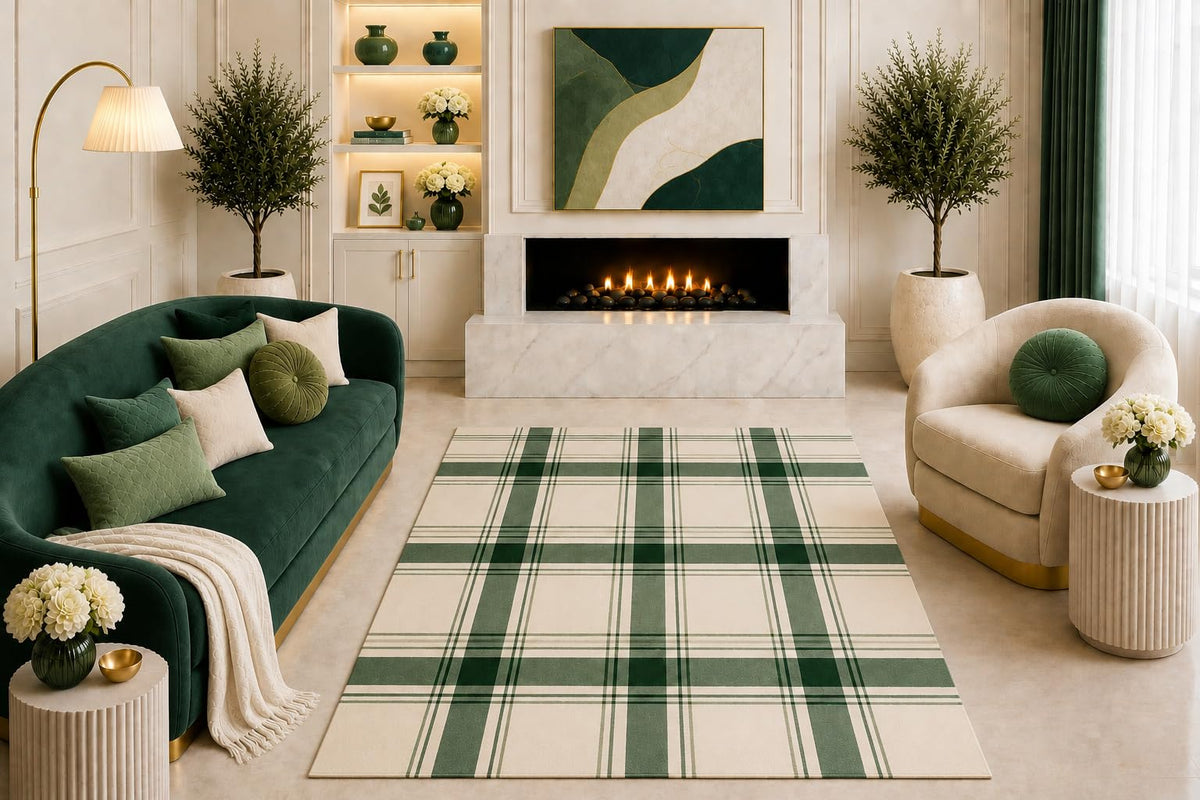 ICE ARMOR "Ultra Light Weight 5' x 7' Cream Forest Green Plaid Area Rug Modern Tartan Check Pattern Living Room Bedroom Dining Room Decor Non-Slip Silicone Backing Low Pile