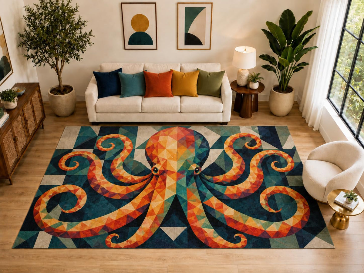 ICE ARMOR "Ultra Light Weight Large 6'7" x 9'10" Geometric Octopus Rug, Soft Low Pile Indoor Rug, Non-Slip Silicone Backing for Bedroom Navy