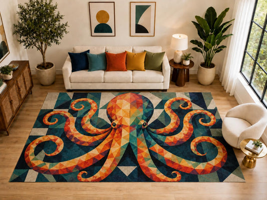 ICE ARMOR "Ultra Light Weight Large 6'7" x 9'10" Geometric Octopus Rug, Soft Low Pile Indoor Rug, Non-Slip Silicone Backing for Bedroom Navy