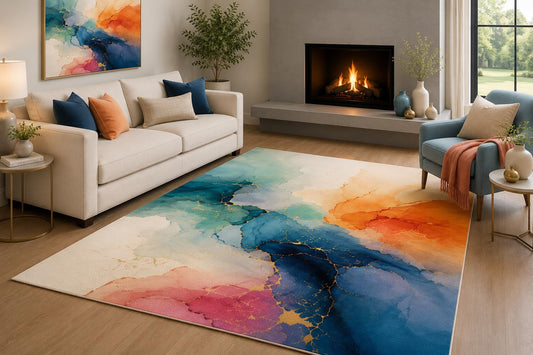ICE Armor 6'7" x 9'10" Watercolor Marble Area Rug for Living Room, Soft Low Pile Indoor Rug with Non-Slip Silicone Backing, Large Decorative Carpet for Bedroom, Dining Room and Office, Multicolored
